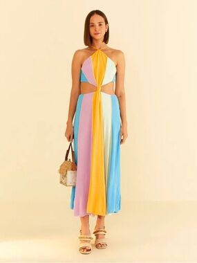 FARM Rio Multicolor Halter Knot Midi Dress in Yellow, Blue, Lavender & Mint